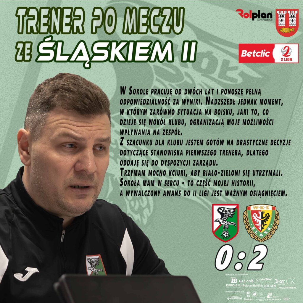 Trener Tomasz Pozorski po meczu ze Śląskiem II Wrocław